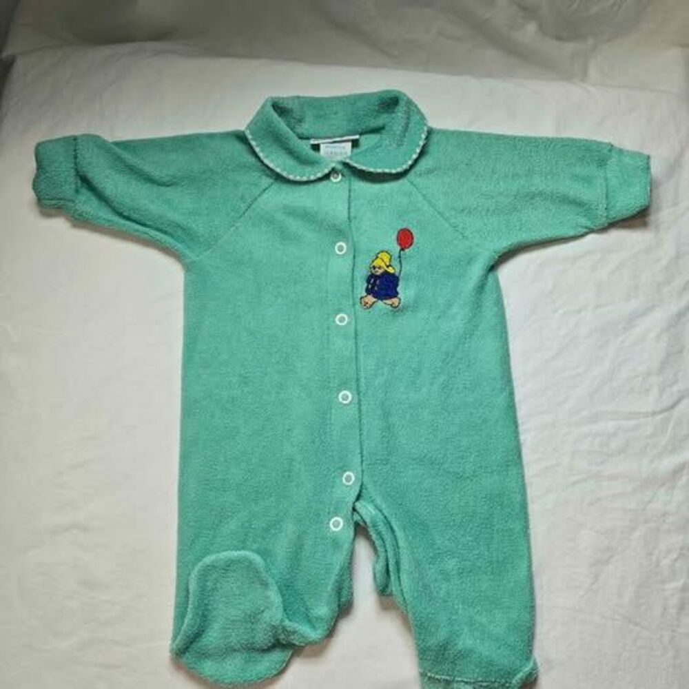 Paddington Bear Newborn to 0-3 month vintage green terry cloth footed sleepwear